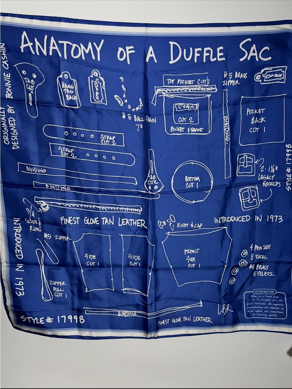 NWT Coach Anatomy of a Duffle Sack Square Silk Scarf Blue & White style 83064 - Picture 13 of 13